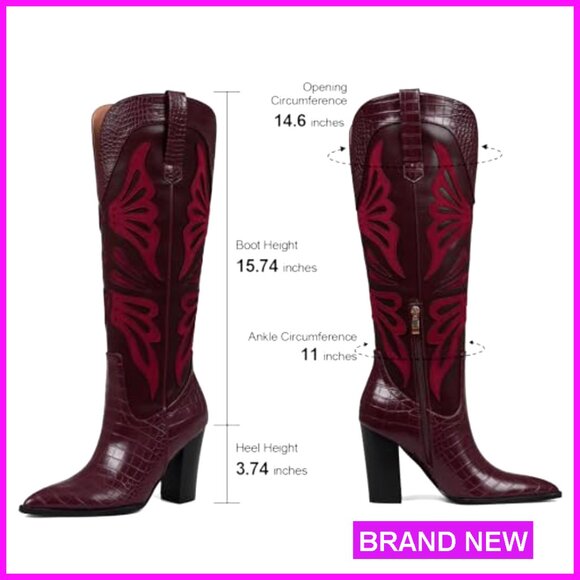Pointed Toe Cowboy Boots Chunky Heel Knee High Western Boots Butterfly - Picture 6 of 7